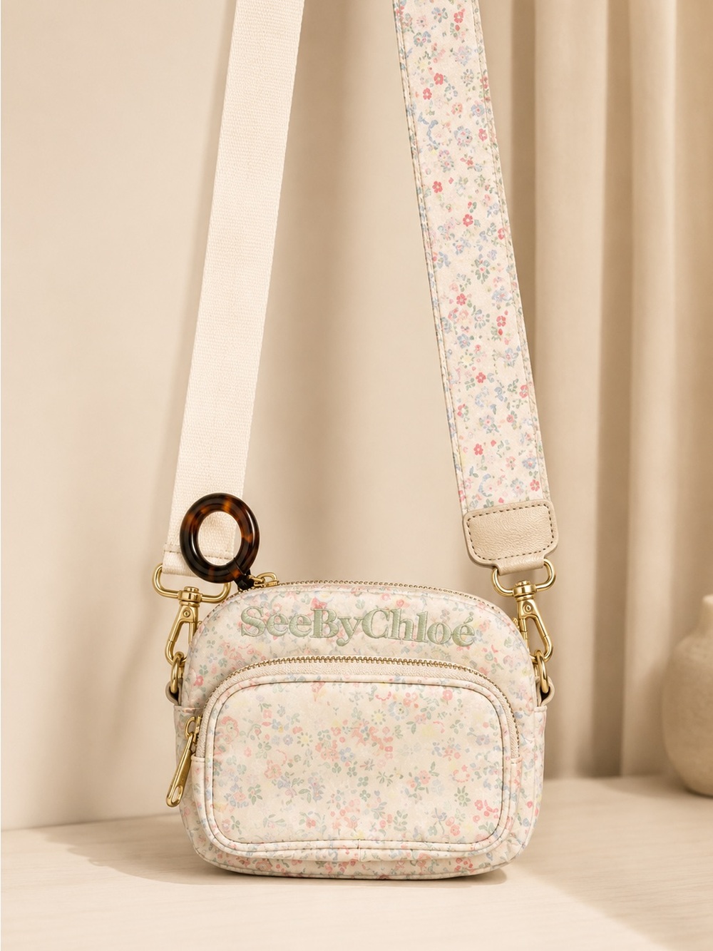 See By Chloe Cream Floral Crossbody with Pink & Green Accents